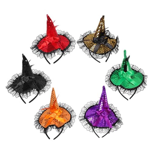 HONITANO 6 Stück Teiliges Halloween Hexenhut Stirnband mit Spitzenbesatz und Pailletten in Rot Grün Dunkelgold Orange und Schwarz Bequemes Cosplay Haarreif für Party und Halloween-Event von HONITANO