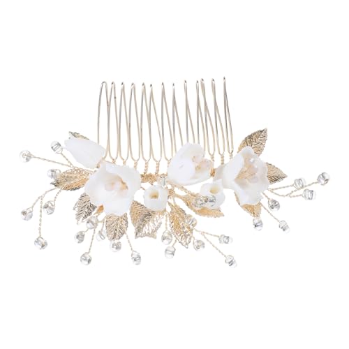 HONITANO Eleganter Braut Haarkamm mit Keramikblume Handgefertigt mit Perlen und Blättern Naturinspiriertes Design Vielseitiges Hochzeitsschmuck-accessoire für Braut und Brautjungfern von HONITANO