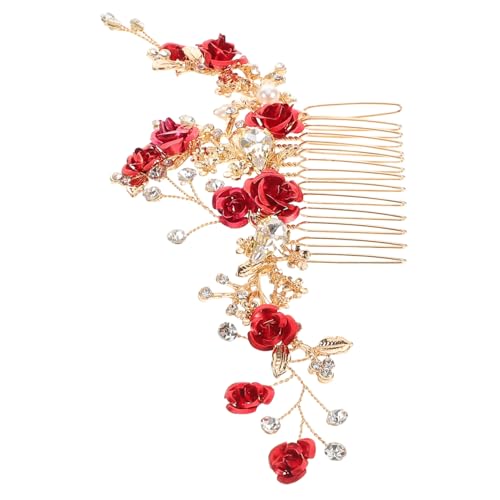 HONITANO Eleganter Roter Blumen Haarkamm mit Strass Perlen Vintage Brautschmuck Haarnadel für Hochzeit Stabile Verarbeitung Sicherer Sitz Vielseitiges Accessoire für Besondere Anlässe von HONITANO