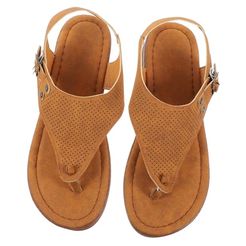 HONITANO Flache Damen Sandalen mit Zehenclip Atmungsaktive PU Slipper Rutschfest Leichte Sommerschuhe für Frauen und Mädchen Modische Alltag Strandschuhe in Hellbraun von HONITANO