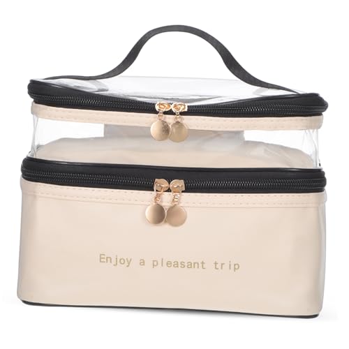 HONITANO Große Kosmetiktasche Doppel Layer Reise Make Up Organizer Wasserabweisend mit Elastischen Bändern für Kosmetik Toilettenartikel Design Beige von HONITANO