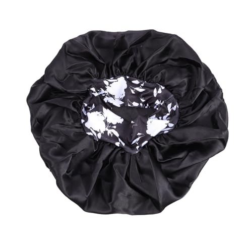 HONITANO Große Satin Schlafhaube mit Elastischem Blumendruck Haarband für Damen Haarschutz Nacht Mütze zum Schlafen und Duschen Glänzend Rutschfest Pflegeleicht Schwarz von HONITANO