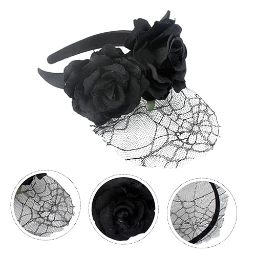HONITANO Schwarzes Rosen Blumen Haarband aus Weichem Tüll mit Zarter Spitze Eleganter Festival Stirnband Kopfschmuck für Damen Geeignet für Cosplay Party und Karneval von HONITANO