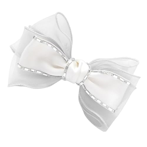 HONITANO Weißer Haarschleifen Clip mit Strasssteinen Kleine Stoff Schleife Haarspange für Damen Eleganter Haarschmuck für Hochzeit Party Alltag und Festliche Anlässe von HONITANO