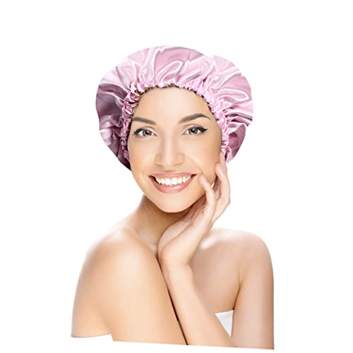 HONMEET Satin Schlafmütze Für Frauen Verstellbar Elastisch Zweilagig Kopfbedeckung Für Damen Rosa Hält Haare Beim Schlafen An Ihrem Platz Schützt Make-up Und Saubere Haut Beim Waschen von HONMEET