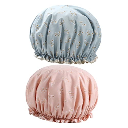 HONMEET 2stücke Doppellagige Wasserdichte Duschhaube Für Frauen Bedruckte Badekappen Mit Blumenmuster Blau Und Schutz Für Lange Haare Beim Duschen Spa von HONMEET