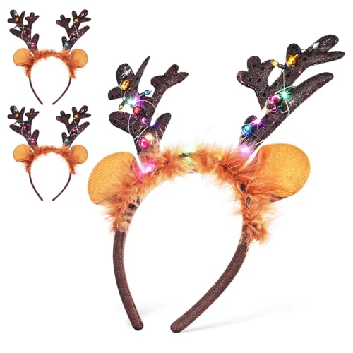 HONMEET 3 Stück Weihnachts haarreifen Rentier geweih Stirnband Glitzer Kopfschmuck Angenehm Bequem Party Kostüm Zubehör Geeignet für Damen Herren von HONMEET