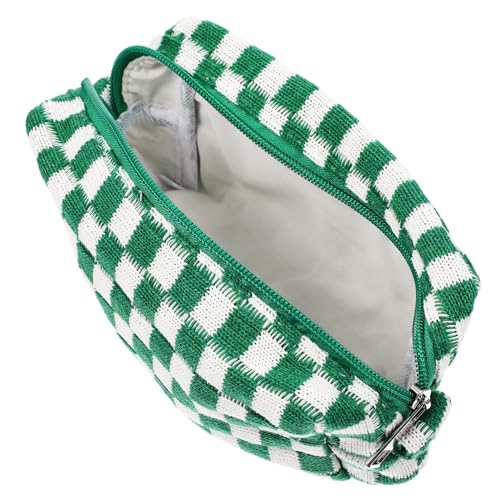 HONMEET Checkered Woolen Yarn Makeup Bag Große Kosmetiktasche Für Mädchen Tragbare Aufbewahrung Für Toilettenartikel Reisetasche Hochwertiger Reißverschluss Grün-weiße Karos von HONMEET