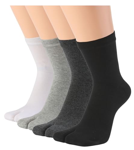 HONOW Tabi Socken Split Toe Flip Flop Socken High Crew für Damen und Herren Baumwolle 4er Pack, Schwarz, Dunkelgrau, Hellgrau, Weiß C, Large von HONOW