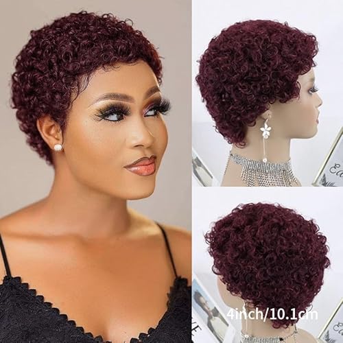 Kurze Afro Perücke aus verworrenen, lockigem Echthaar für Frauen, 4 Zoll lange Pixie-Perücke mit kurzen Locken, natürlich aussehende leimlose,for den täglichen Gebrauch auf Partys und Cosplay.(Wine re Kurze Afro Perücke aus verworrenen, lockigem Echthaar für Frauen, 4 Zoll lange Pixie-Perücke mit kurzen Locken, natürlich aussehende leimlose,for den täglichen Gebrauch auf Partys und Cosplay.(Wine re von HONRUIDA