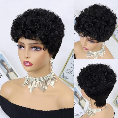 Kurze lockige Pixie-Perücke, 6 Zoll Wolllocken, voll maschinell hergestellte Echthaar-Perücke, Pixie-Schnitt-Perücke, hitzebeständige Perücke, for Frauen tägliche Party Cosplay-Nutzung.(Black) von HONRUIDA