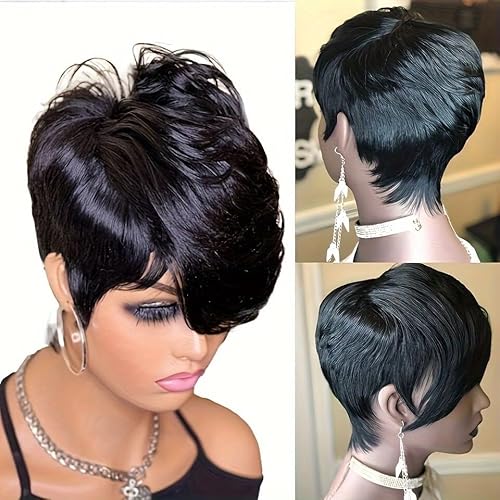 Lockige Pixie-Schnitt-Perücken für schwarze Frauen, 6 Zoll kurze, lockige Pixie-Perücke, hitzebeständige Echthaar-Perücke, tägliche Party-Cosplay-Verwendung.(Black) von HONRUIDA