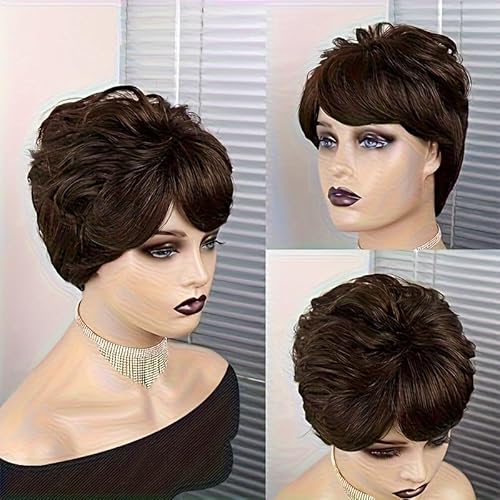 Lockige Pixie-Schnitt-Perücken für schwarze Frauen, 6 Zoll kurze, lockige Pixie-Perücke, hitzebeständige Echthaar-Perücke, tägliche Party-Cosplay-Verwendung.(Brown) von HONRUIDA