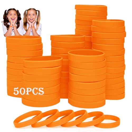 HONTIUS 50 Stück Silikonarmband, 7 Zoll Silikon Armbänder Silikonarmbänder Silicone Wristband Kinder Leer Gummiarmbänder für Schule Lehrer Team Party für 8-12 Jahre Helles Hellorange von HONTIUS