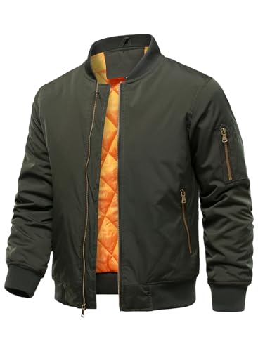 HOOD CREW Herren Bomberjacken Herbst Winter Warm Gepolsterte Jacke mit Reißverschluss Lässiges Leichte Übergangsjacke Mäntel mit Tasche Armeegrün XL von HOOD CREW