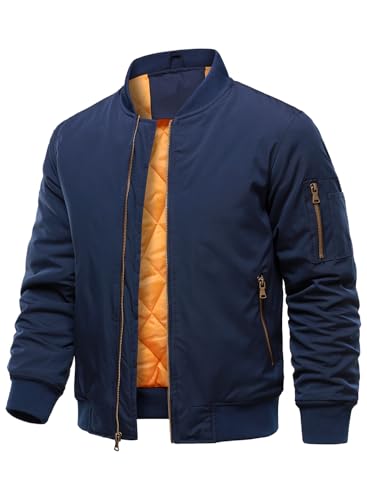 HOOD CREW Herren Bomberjacken Herbst Winter Warm Gepolsterte Jacke mit Reißverschluss Lässiges Leichte Übergangsjacke Mäntel mit Tasche Marineblau L von HOOD CREW