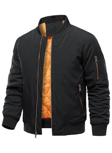 HOOD CREW Herren Bomberjacken Herbst Winter Warm Gepolsterte Jacke mit Reißverschluss Lässiges Leichte Übergangsjacke Mäntel mit Tasche Schwarz XL von HOOD CREW