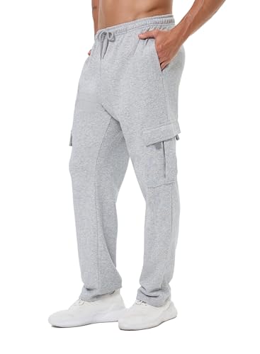 HOOD CREW Herren Cargohose aus Baumwolle mit Taschen Lang Lässige Freizeithose mit Kordelzug Lichtgrau 2XL von HOOD CREW