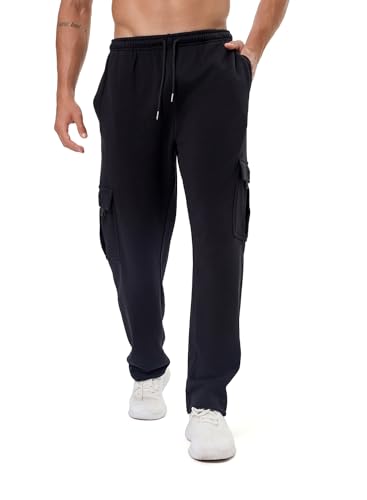 HOOD CREW Herren Cargohose aus Baumwolle mit Taschen Lang Lässige Freizeithose mit Kordelzug Schwarz L von HOOD CREW