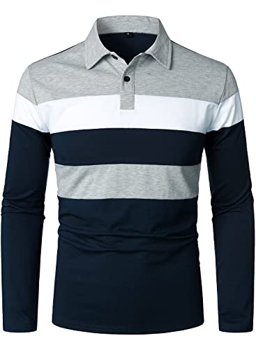 HOOD CREW Herren-Poloshirt, langärmelig, lässig, gestreift, Golf-Oberteil, navy, L von HOOD CREW