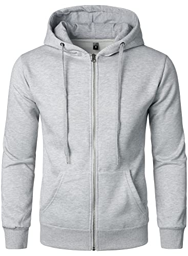 HOOD CREW Herren Kapuzenpullover mit Reißverschluss, lässig, langärmelig, einfarbig, Kordelzug, Tops mit Taschen, hellgrau, L von HOOD CREW