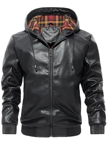 HOOD CREW Herren Kunstleder Jacke Reißverschluss Bombermantel Motorradjacke mit Kapuze, Schwarz , S von HOOD CREW