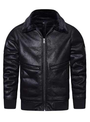 HOOD CREW Herren Kunstleder Jacke Warm Winter Pelz Mantel Motorrad Bomberjacke, Schwarz , M von HOOD CREW