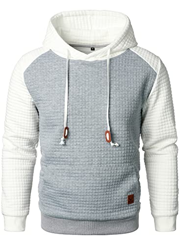 HOOD CREW Herren Langarm Kapuzenpullover Kordelzug Kapuze Colorblock Casual Pullover, Hellgrau und Weiß, M von HOOD CREW