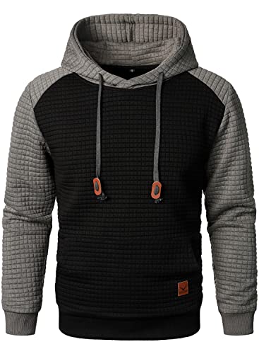 HOOD CREW Herren Langarm Kapuzenpullover Kordelzug Kapuze Colorblock Casual Pullover, Schwarz und Dunkelgrau, XXXL von HOOD CREW