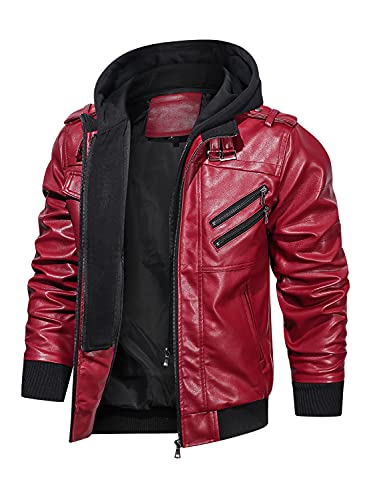 HOOD CREW Herren Motorradjacke aus PU-Kunstleder mit abnehmbarer Kapuze, rot, XXL von HOOD CREW