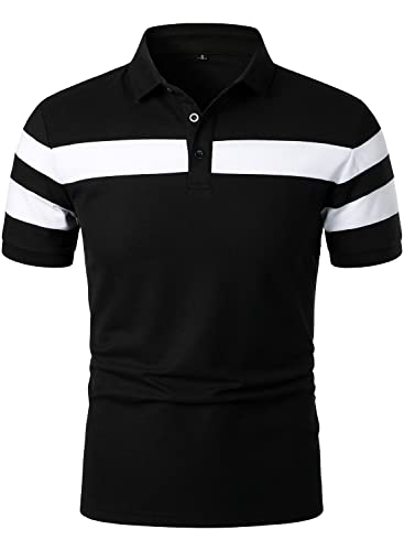 HOOD CREW Herren-Poloshirt, kurzärmelig, gestreift, lässig, kontrastierende Farben, T-Shirt, Schwarz , M von HOOD CREW