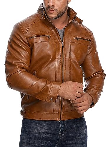 HOOD CREW Herren Stehkragen Lederjacke Casual Kunstleder Motorradjacke Oberbekleidung Mantel mit Reißverschlusstaschen, braun, L von HOOD CREW