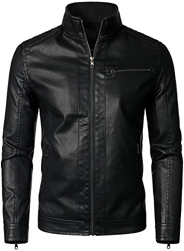 HOOD CREW Herren Stehkragen PU Kunstleder Jacke Reißverschluss Motorrad Bomber Jacke, Schwarz , XXXL von HOOD CREW