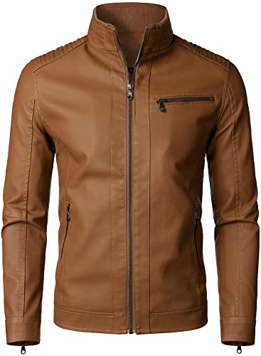 HOOD CREW Herren Stehkragen PU Kunstleder Jacke Reißverschluss Motorrad Bomber Jacke, braun, L von HOOD CREW