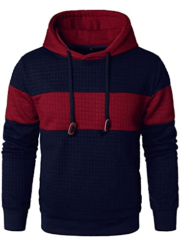 HOOD CREW Herren Sweatshirts Langarm Pullover Patchwork Plaid Jacquard Hoodie Casual Drawstring Hoody Top, Marineblau / Rot, XXXXL von HOOD CREW