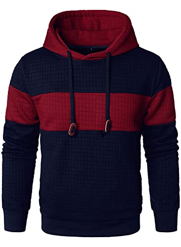 HOOD CREW Herren Sweatshirts Langarm Pullover Patchwork Plaid Jacquard Hoodie Casual Drawstring Hoody Top, Marineblau und Rot, L von HOOD CREW