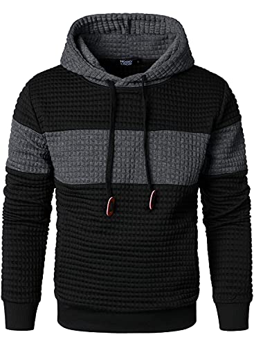 HOOD CREW Herren Sweatshirts Langarm Pullover Patchwork Plaid Jacquard Hoodie Casual Drawstring Hoody Top, Schwarz und Dunkelgrau, L von HOOD CREW