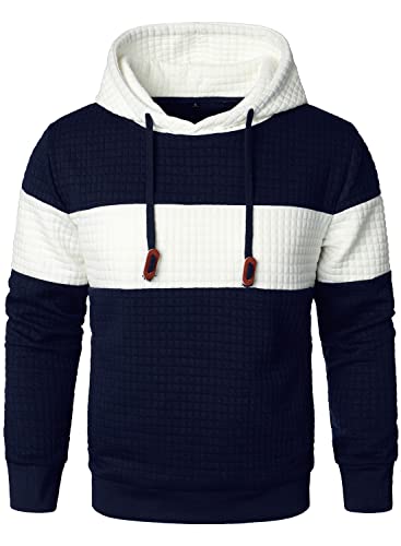 HOOD CREW Herren Sweatshirts Langarm Pullover Patchwork Plaid Jacquard Hoodie Casual Drawstring Hoody Top, navy&white, XXXXL von HOOD CREW