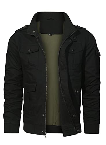 HOOD CREW Herren Winddichte Jacke Militär Bomber Cargo Jacken Outwear Mantel Multi Taschen, Schwarz , XXL von HOOD CREW