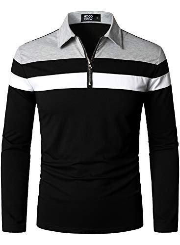 HOOD CREW Lässiges Herren-Poloshirt, langärmlig, Kontrastfarbe, Patchwork, Baumwolle, Schwarz , XL von HOOD CREW