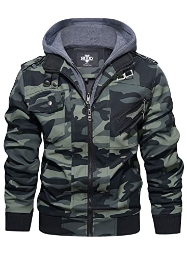 HOOD CREW Motorradjacke für Herren, mit Stehkragen, PU-Kunstleder, mit Reißverschluss, abnehmbare Kapuze, Camouflage Grün, XX-Large von HOOD CREW