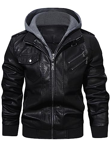 HOOD CREW Motorradjacke für Herren, mit Stehkragen, PU-Kunstleder, mit Reißverschluss, abnehmbare Kapuze, Schwarz, XL von HOOD CREW