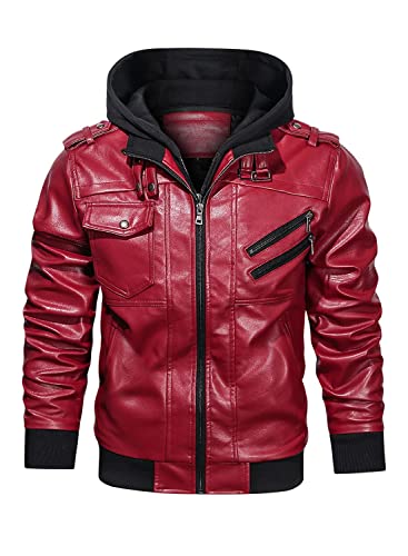 HOOD CREW Motorradjacke für Herren, mit Stehkragen, PU-Kunstleder, mit Reißverschluss, abnehmbare Kapuze, Rot/Ausflug, einfarbig (Getaway Solids), XL von HOOD CREW