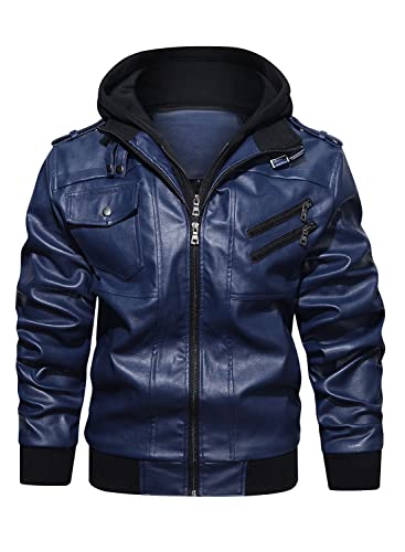 Hood Crew Herren Motorradjacke aus PU-Kunstleder mit abnehmbarer Kapuze, navy, XXXXL von HOOD CREW