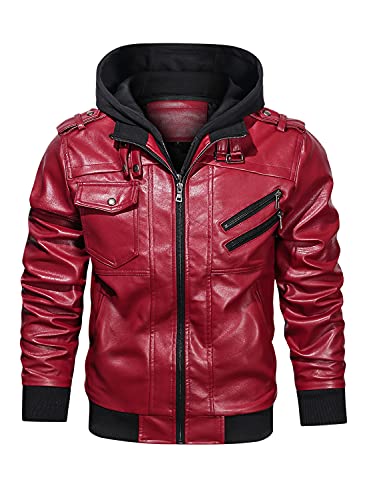 Hood Crew Herren Motorradjacke aus PU-Kunstleder mit abnehmbarer Kapuze, rot, M von HOOD CREW