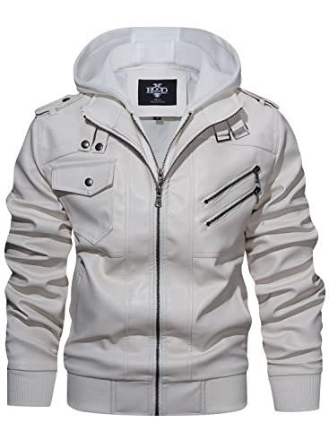 Hood Crew Herren Motorradjacke aus PU-Kunstleder mit abnehmbarer Kapuze, weiß, L von HOOD CREW