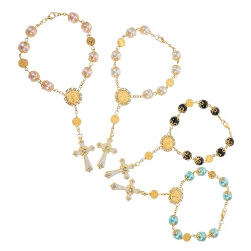 HOODANCOS 4 Stück Teiliges Handgefertigtes Perlenarmband mit Kreuz Anhänger Farbige Gebetsperlen Vielseitiger Schmuck für Handgelenk und Auto Spirituelles Accessoire für Gebet und Festliche von HOODANCOS