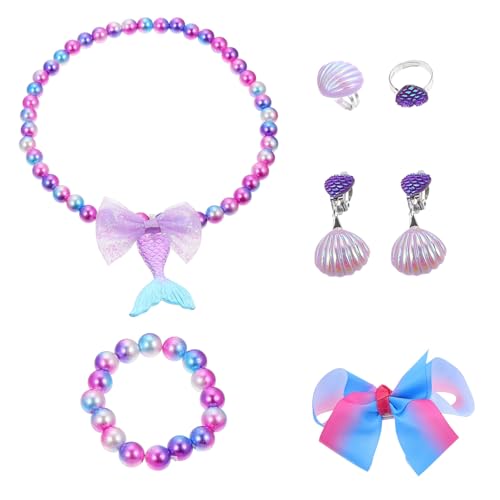 HOODANCOS Teiliges Mädchen Schmuck Set Meerjungfrau Design Verstellbarer Acrylring Ohrclip und Halskette Komfortabel und Vielseitig für Party und Alltag für Junge Mädchen von HOODANCOS