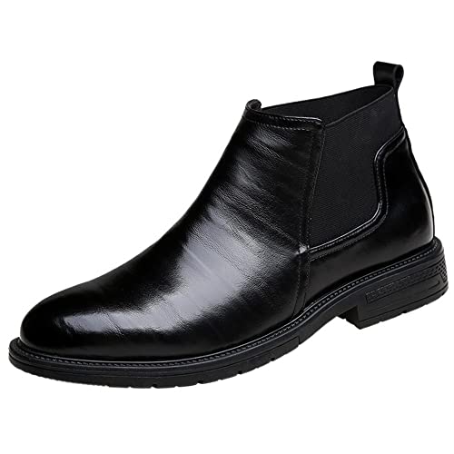 Chelsea Round Toe Stiefeletten for Herren Round Burned Toe Einfacher Leder-Slip-On Wasserdicht tragbar Anti-Rutsch-Klassiker (Color : Schwarz, Size : 41 EU) von HOOENG