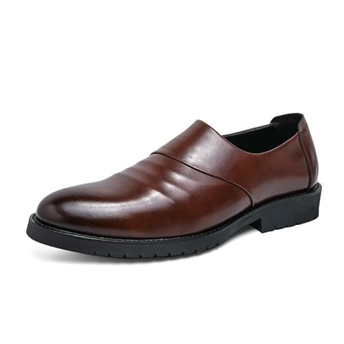 HOOENG Anzugschuhe for Herren for Hineinschlüpfen, Spitze, brünierte Zehenpartie, veganes Leder, rutschfest, rutschfest, niedriger Schaft, Blockabsatz, lässig (Color : Braun, Size : 42 EU) von HOOENG